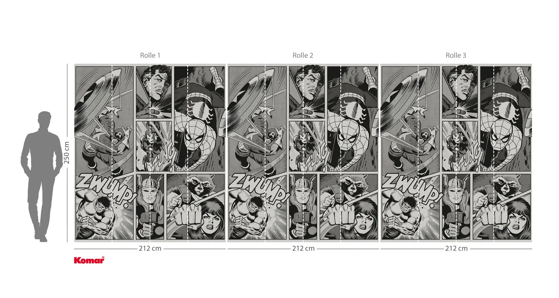Comic book layout with panels and a character silhouette for scale, featuring the Komar brand.