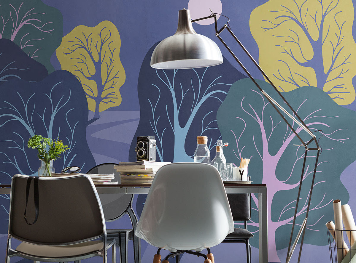 Blue Painted Forest Childrens Bedroom Botanical Non-woven photo wallpaper  350 cm x 250 cm | 137" x 98"