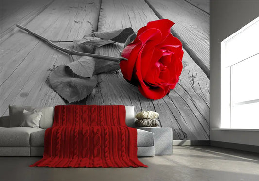Red Rose on the Grey Wooden Planks Photo Wallpaper