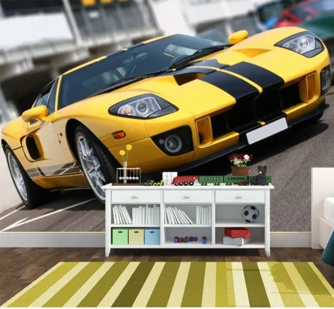 Yellow Sports Car Teen Bedroom Photo Wallpaper