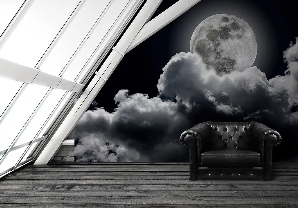 Full moon cloudy sky black and white Photo Wallpaper