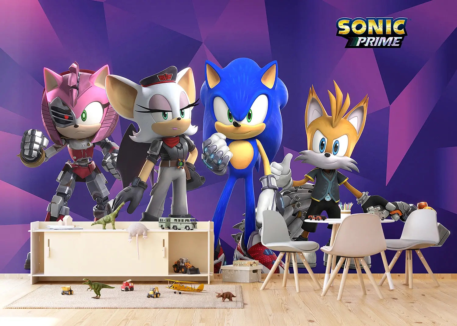 Four animated characters in a room with a 'Sonic Prime' photo wallpaper
