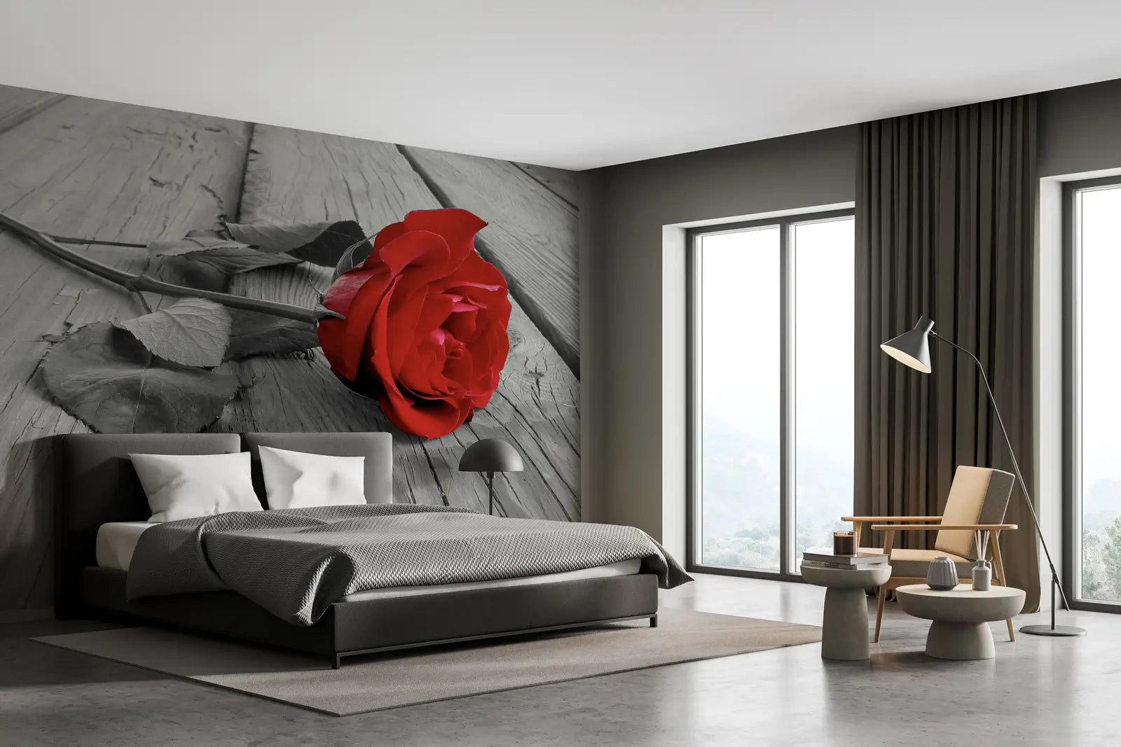 Red Rose on the Grey Wooden Planks Photo Wallpaper art