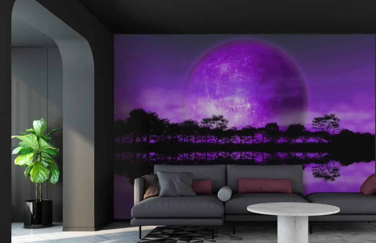 Rising Moon over Alien Planet Purple Photo Wallpaper