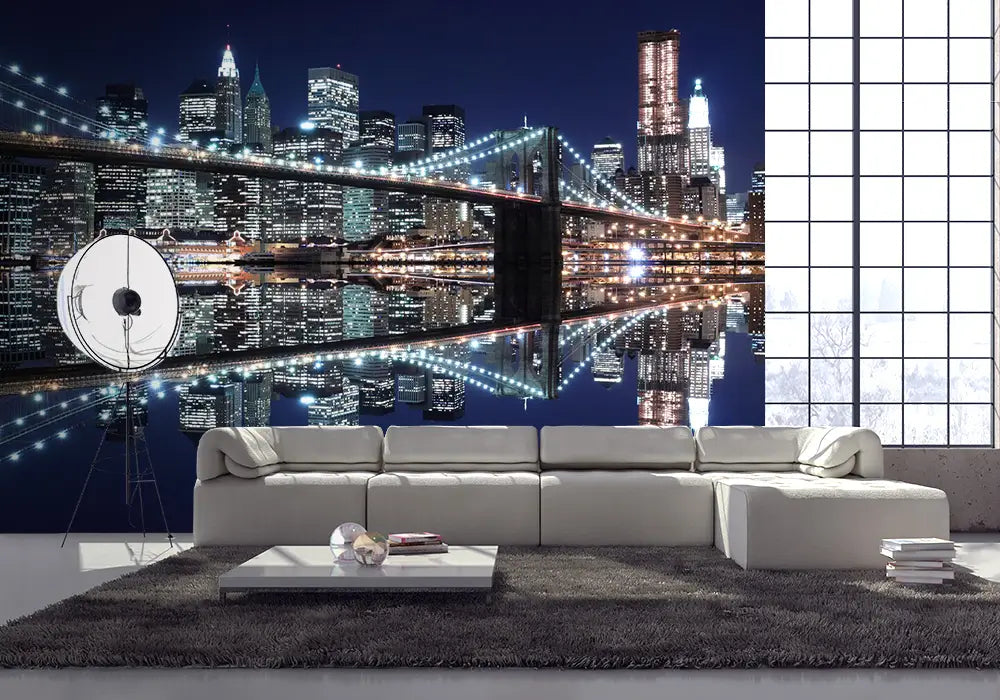 New York Brooklyn Bridge Night Lights Photo Wallpaper