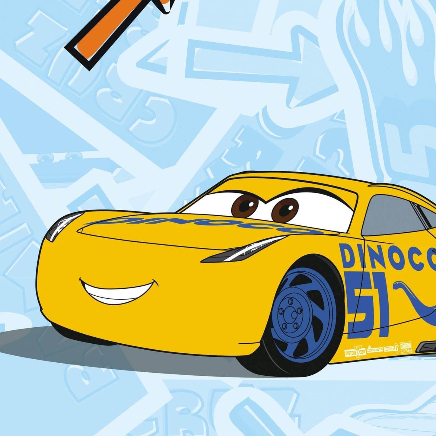 Yellow race car with blue accents on a light blue background