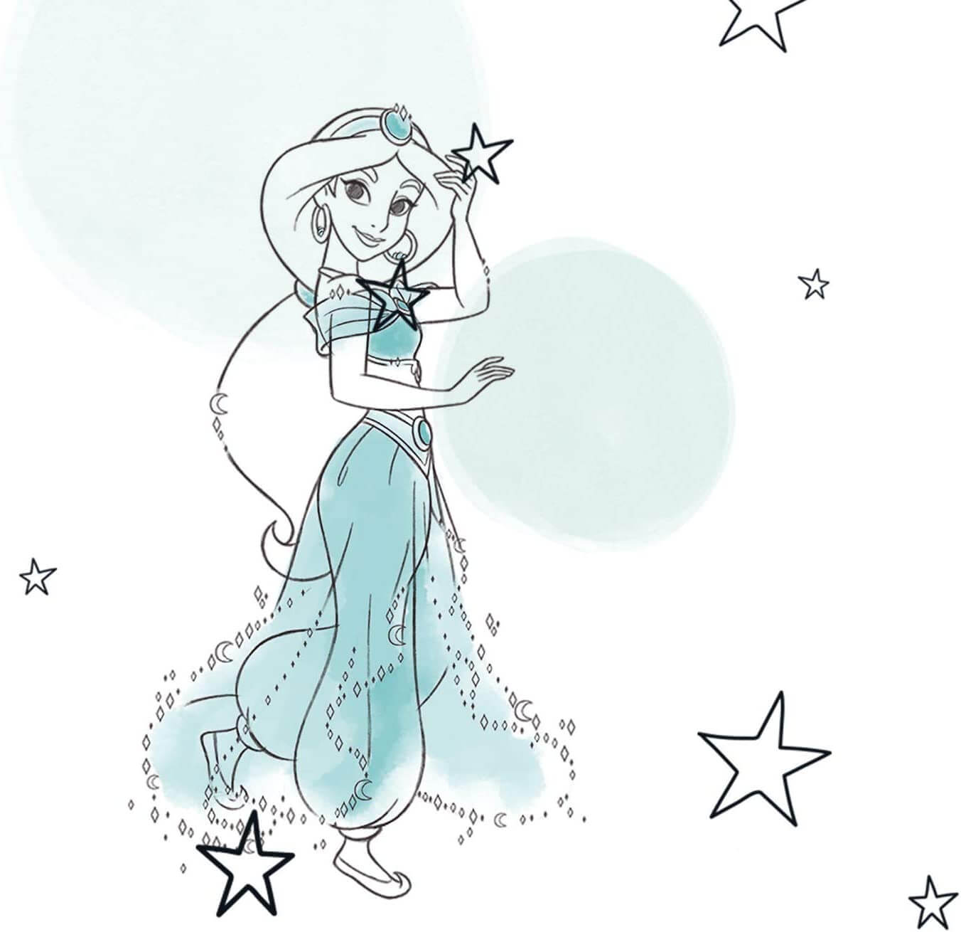 Cartoon character in a blue dress with stars around on a light blue background