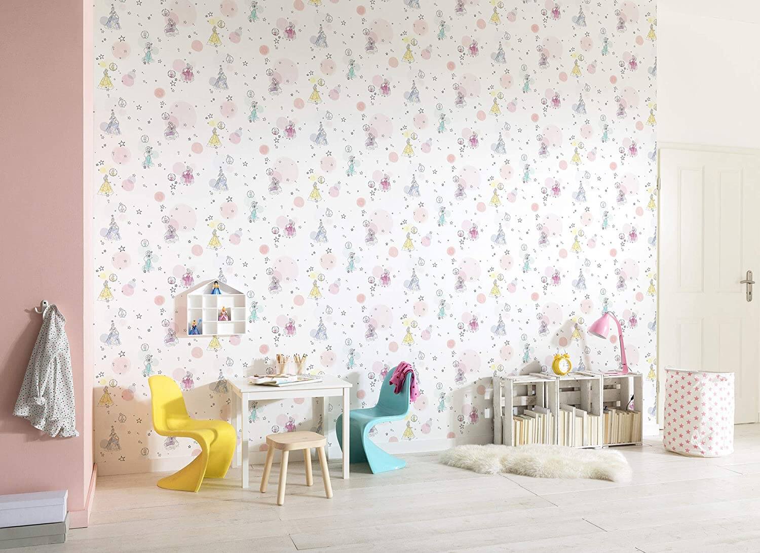 Children's room with pastel-colored wallpaper