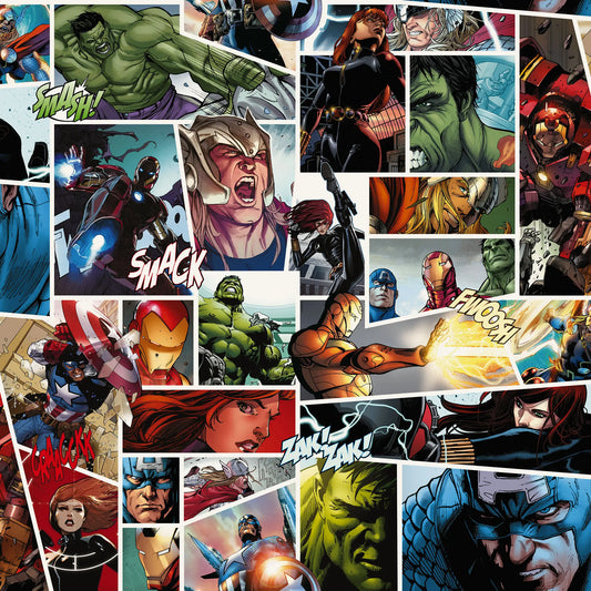 Collage of various superhero characters and action poses from comic books.