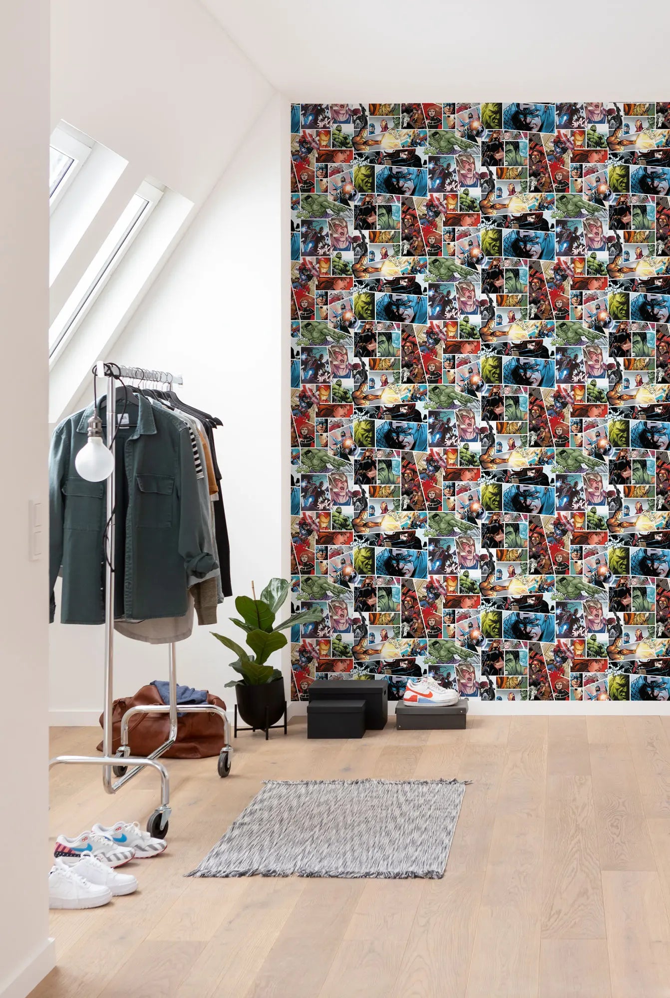 Room interior with a wall covered in a collage of small images wallpaper