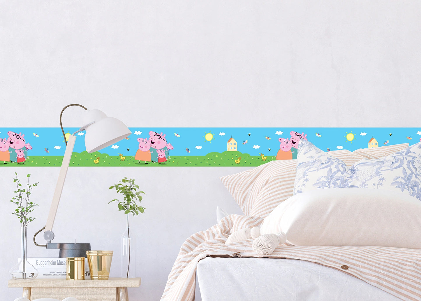 Cartoon character wallpaper border with Peppa Pig and George kids room