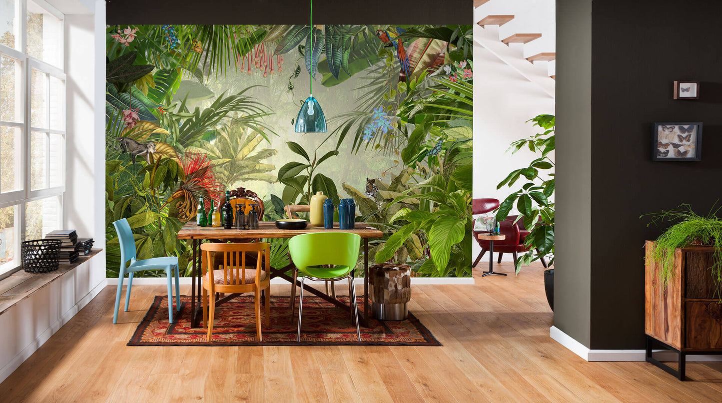 Green Rainforest Jungle Botanical Satin Nature Non-Woven Wall Mural (W x H) 368cm x 248cm (144" x 98")