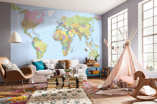 Political Map of the World Blue Non-Woven Wall Mural
