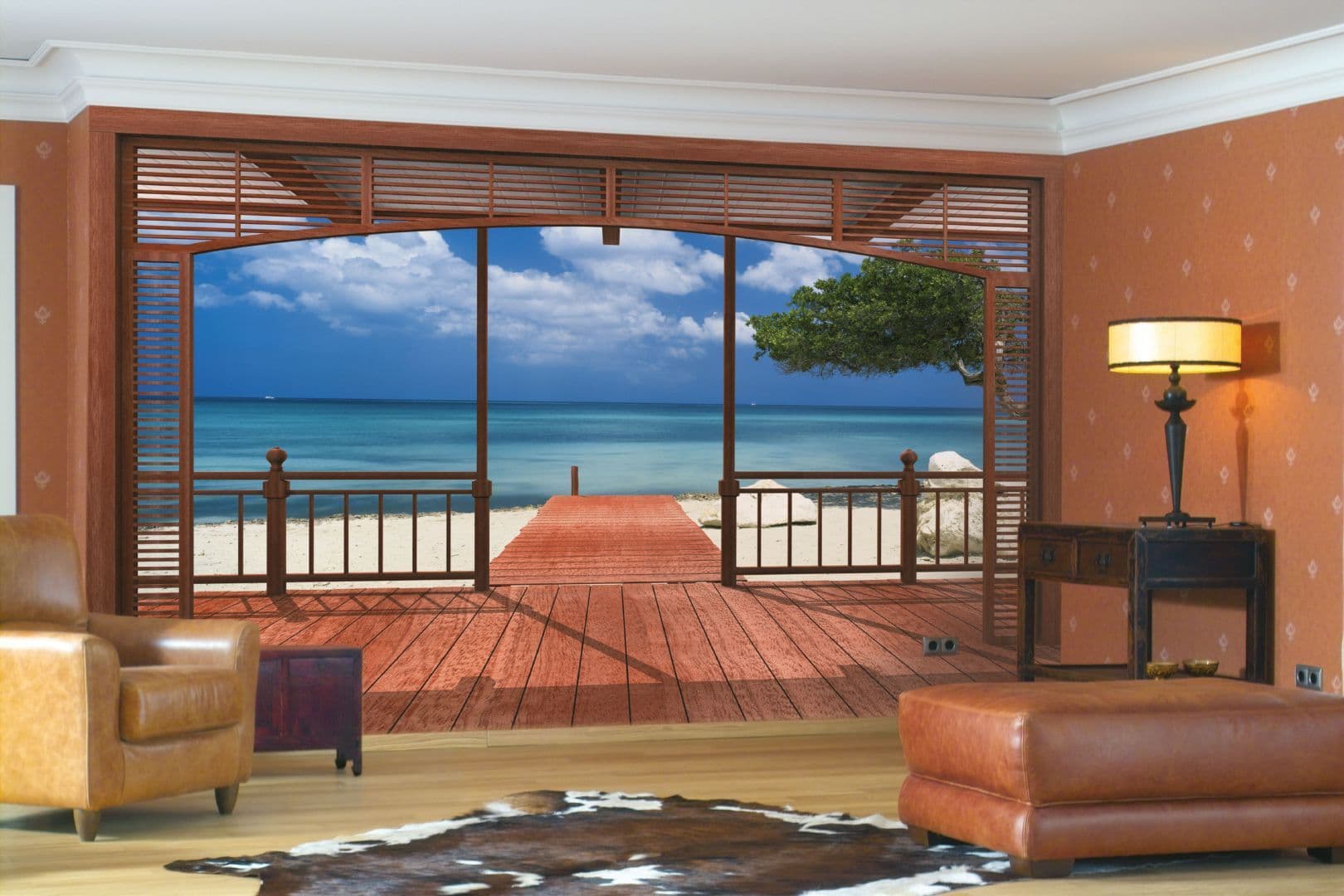Beach and Sea View from Villa Paradise Living Room Photo Wallpaper