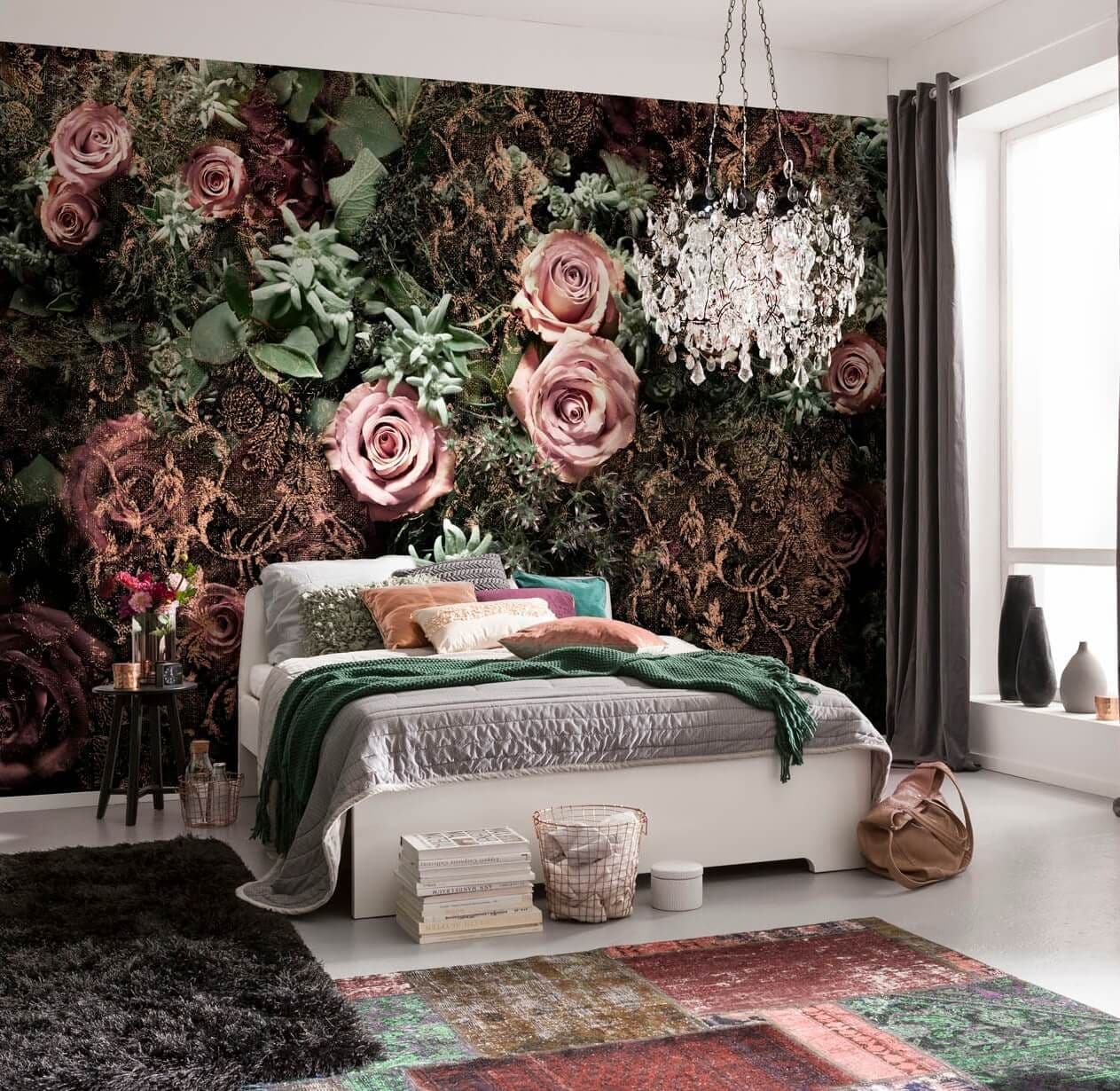 Dark Green Pink and Velvet Floral Photo Wallpaper