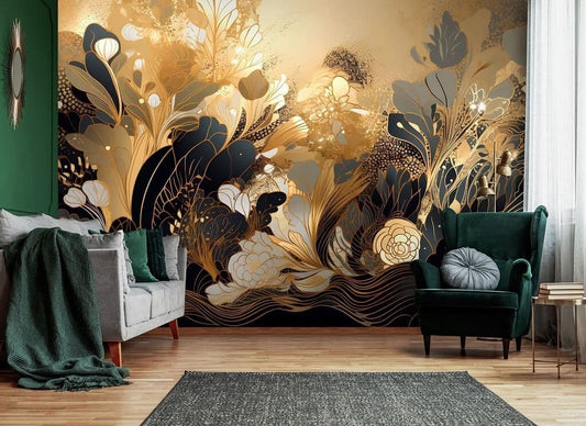 Black and Gold Botanical Artistic Decor Non-woven Photo Wallpaper