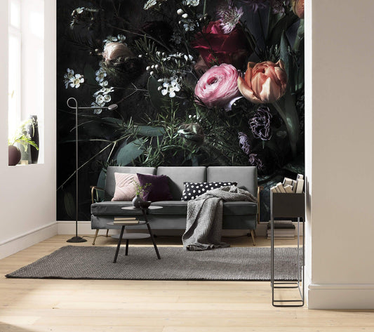Black Floral Composition Living Room Background Photo Wallpaper