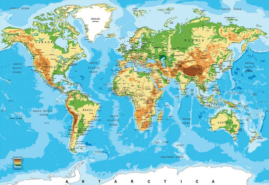 Geographical map of the World Blue School Décor Non-woven Photo Wallpaper