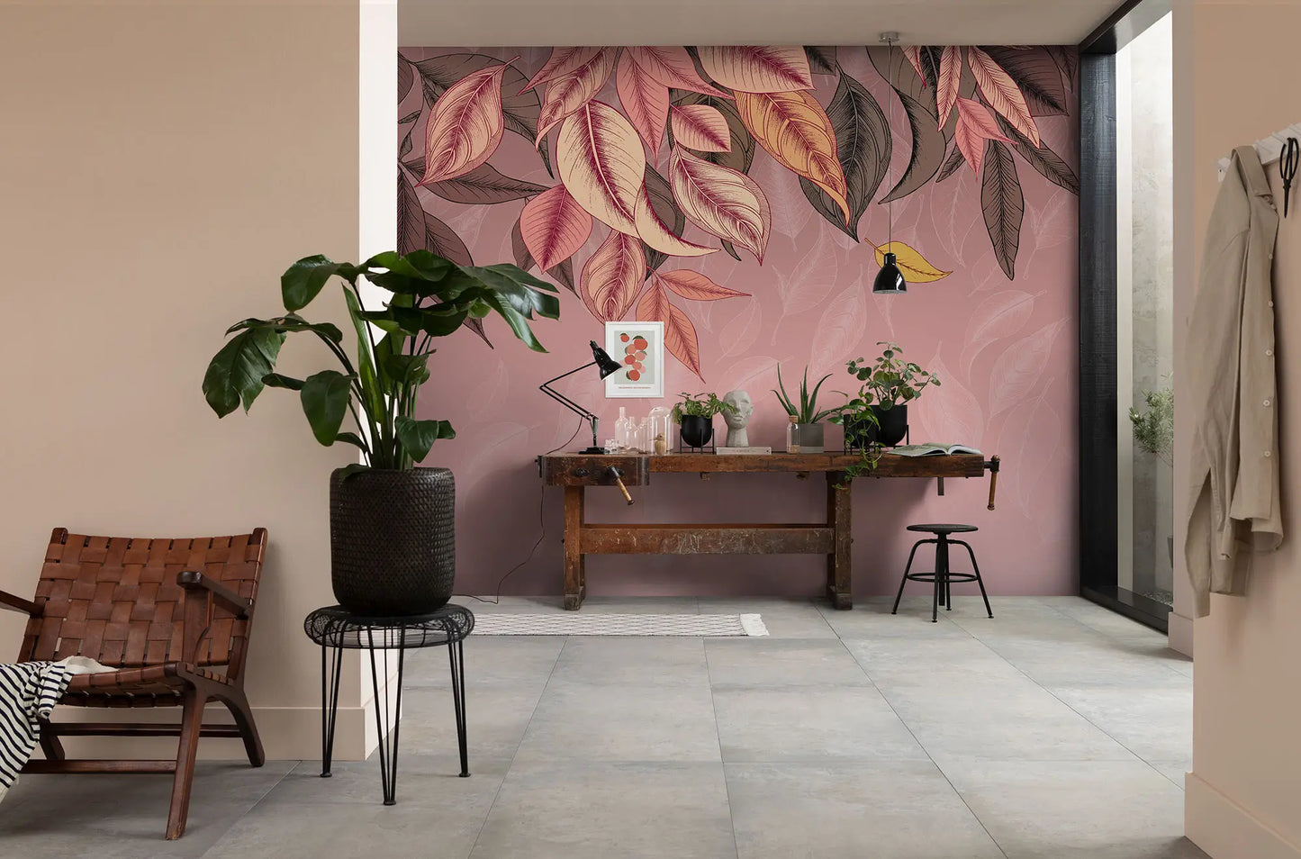 Falling Leafs Pink and Purple Botanical Non-woven photo wallpaper 350 cm x 250 cm | 137" x 98"