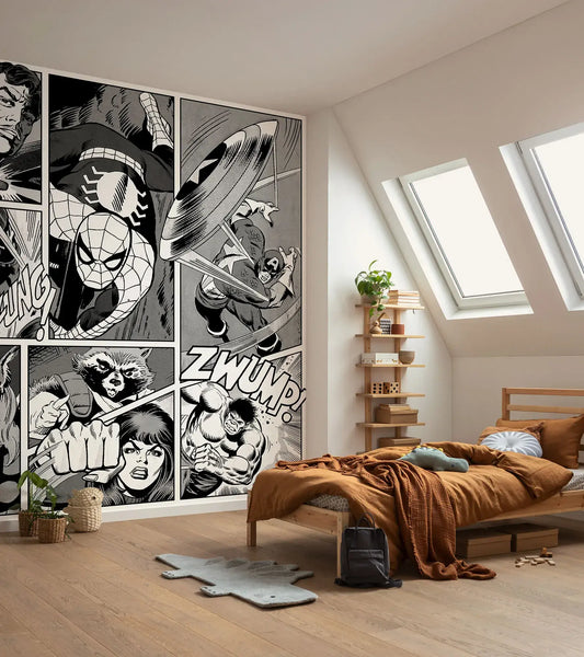 Marvel Classic Comic Black and White 1 Roll of 4 Panels Childrens Room Superheroes Vinyl Wallpaper Marvel