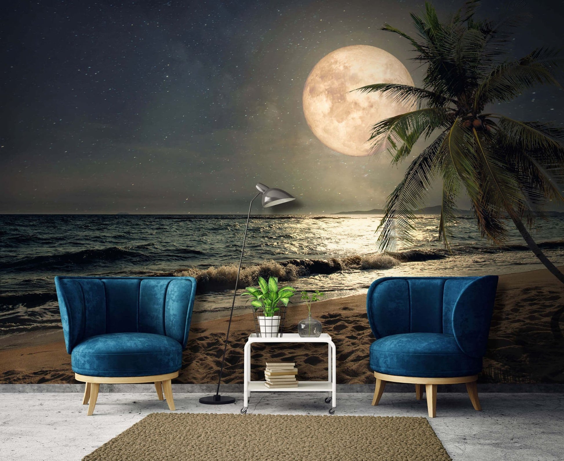 Night Beach Scenery with Moon Non-woven Photo Wallpaper