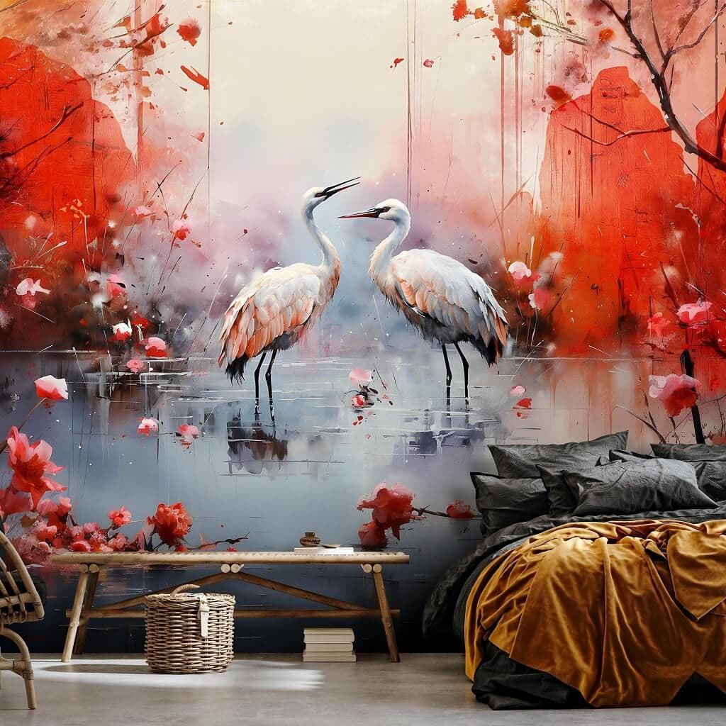 Wild Cranes Red Background Non-woven Photo Wallpaper
