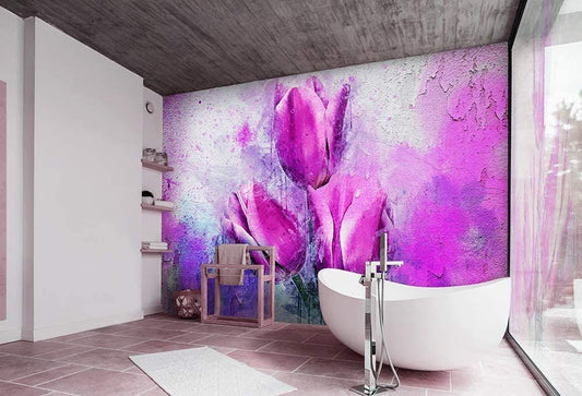Purple Tulips Floral Composition Painted Non-woven Photo Wallpaper