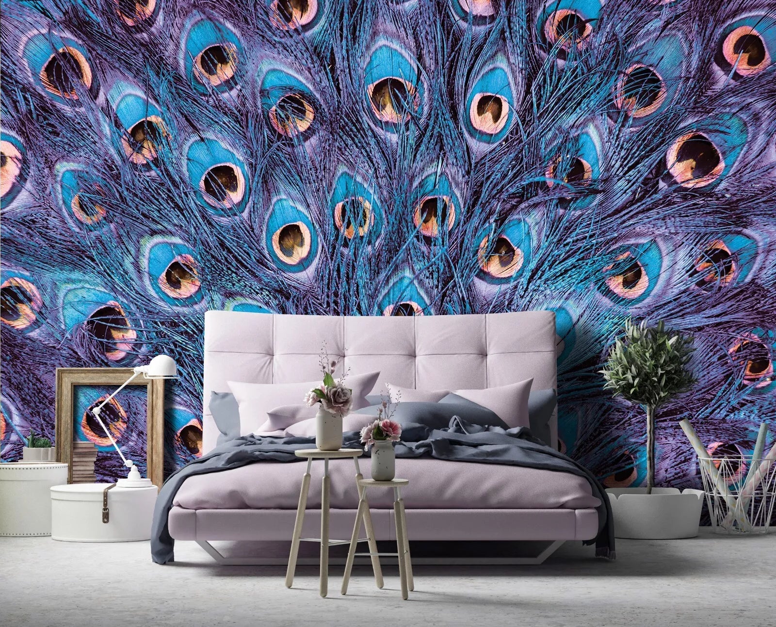 Blue and Purple Peacock Feathers Non-woven Photo Wallpaper
