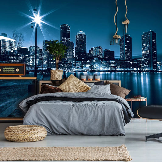 Boston Skyline at Night Non-woven Photo Wallpaper