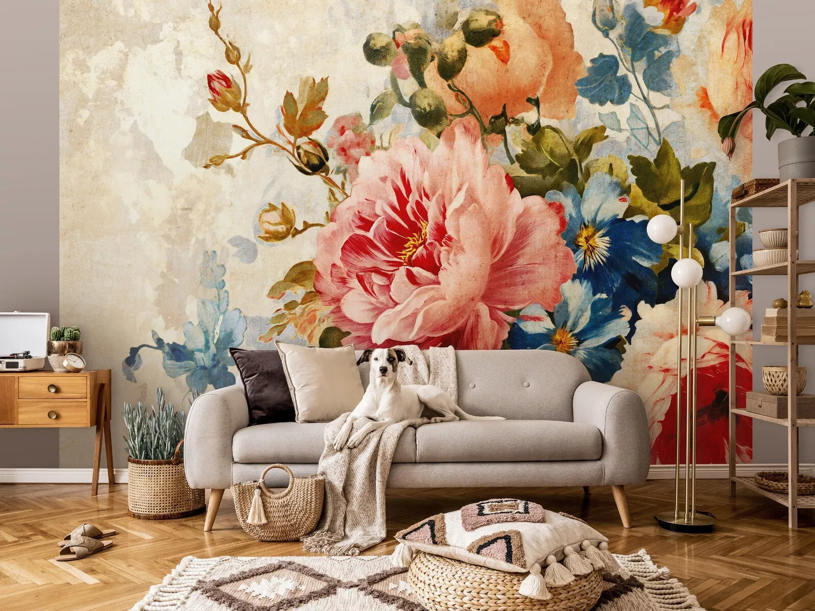 Floral Composition Red Green Beige Non-woven Photo Wallpaper