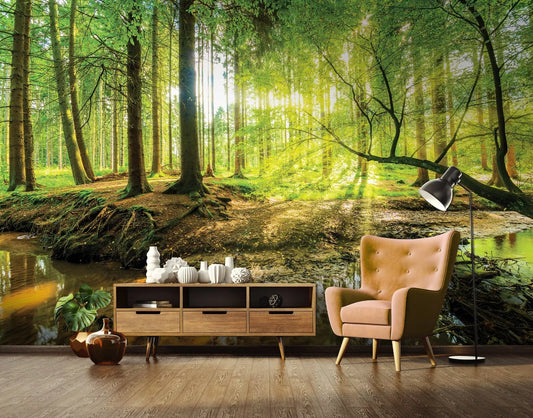 Green Trees Forest Stream Nature Non-woven Photo Wallpaper