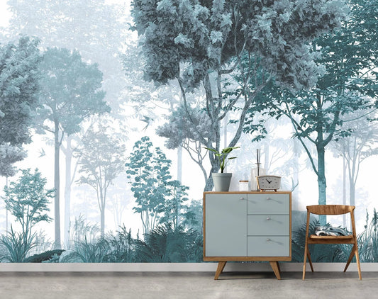 Green Forest Foggy Day Non-woven Photo Wallpaper