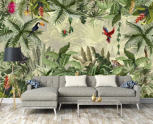 Green Jungle Parrots Botanical Non-woven Photo Wallpaper