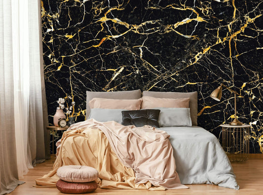 Black and gold Marble Stone Non-woven wallpaper