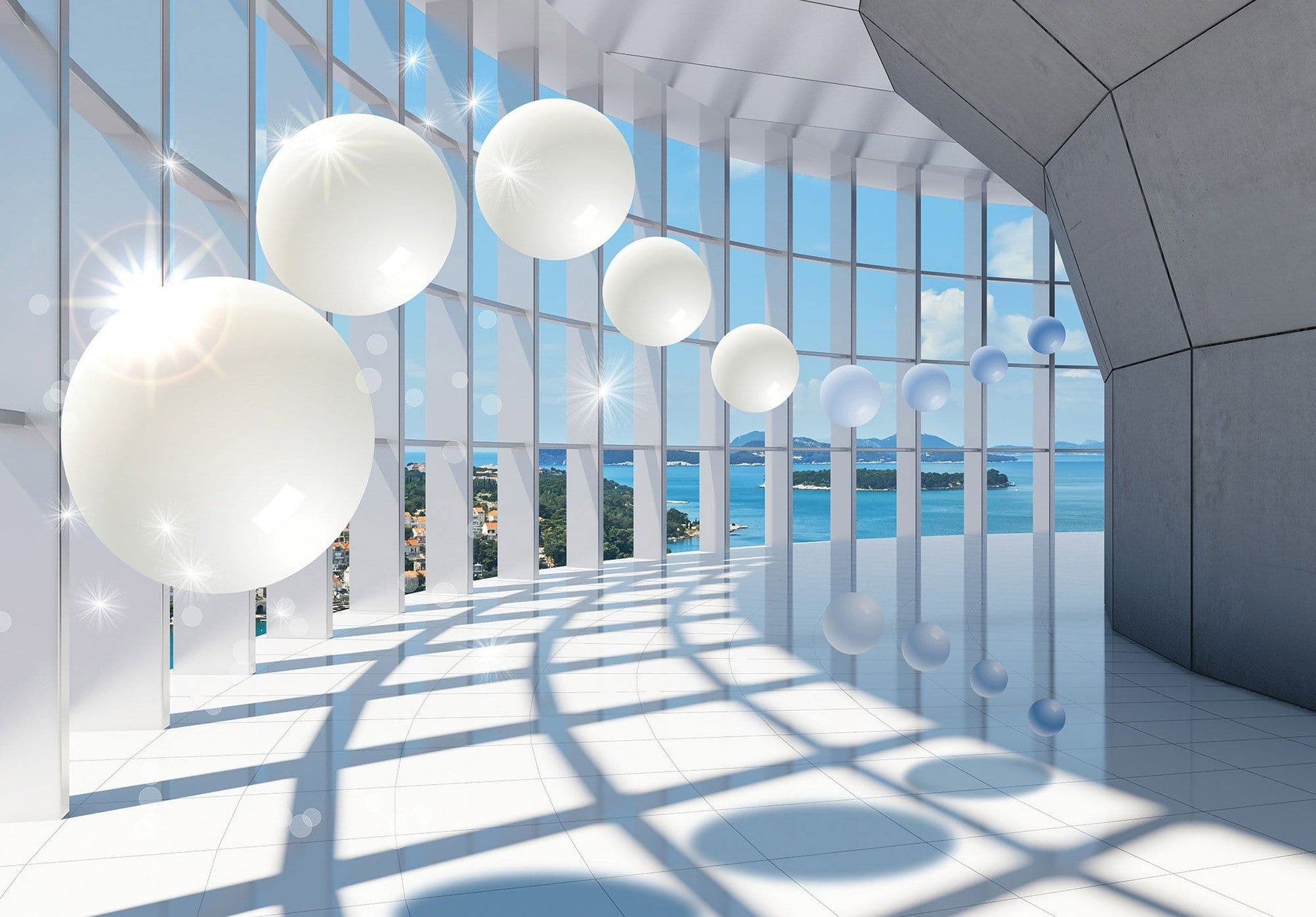 Levitating Spheres 3D Balcony View Non-woven Photo Wallpaper