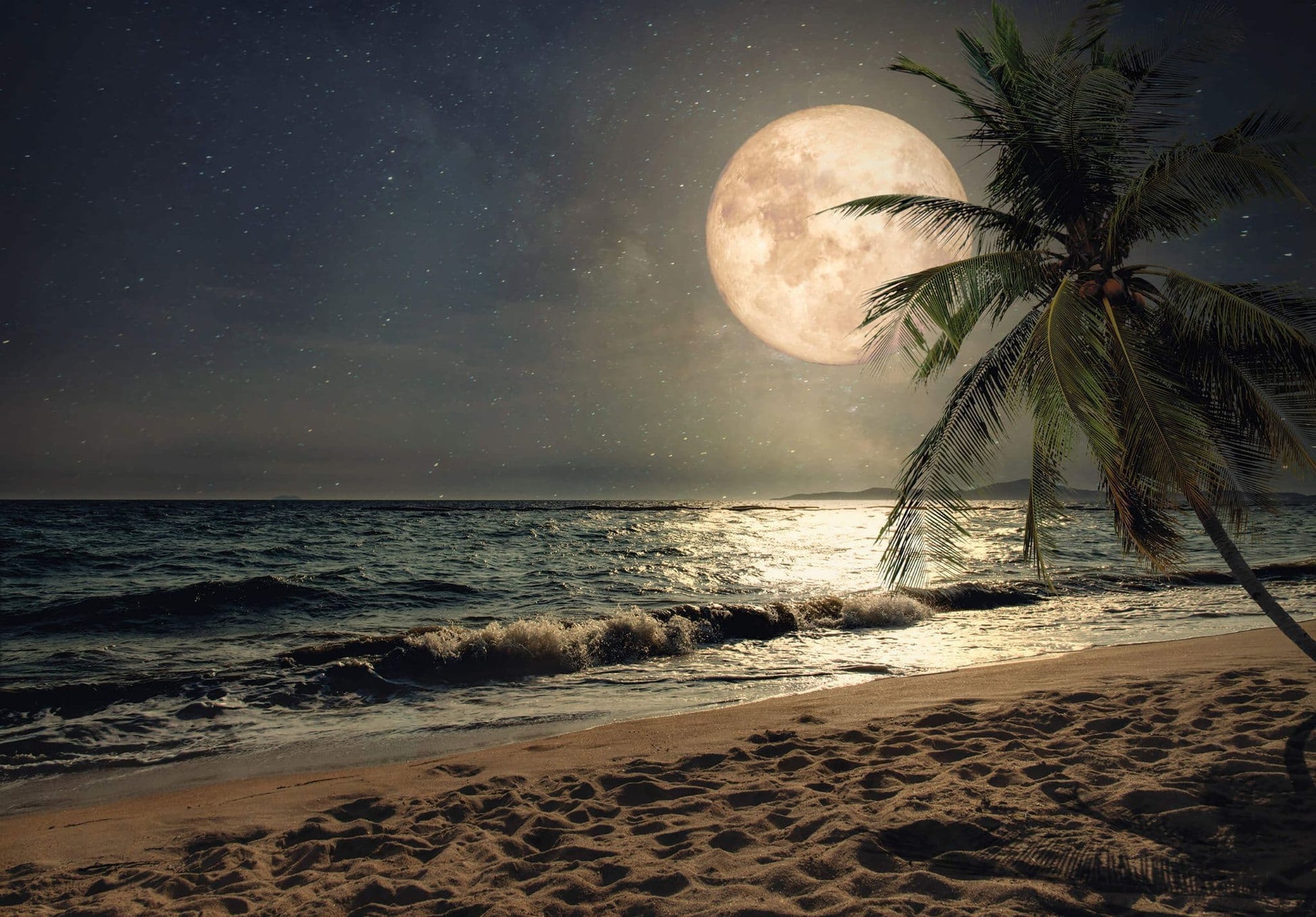 Night Beach Scenery with Moon Non-woven Photo Wallpaper
