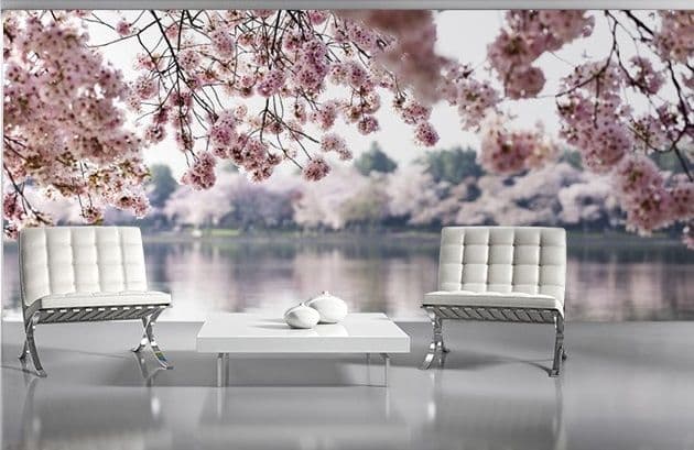 Pink Flowers Lake Scenery Photo Wallpaper Nice Wall