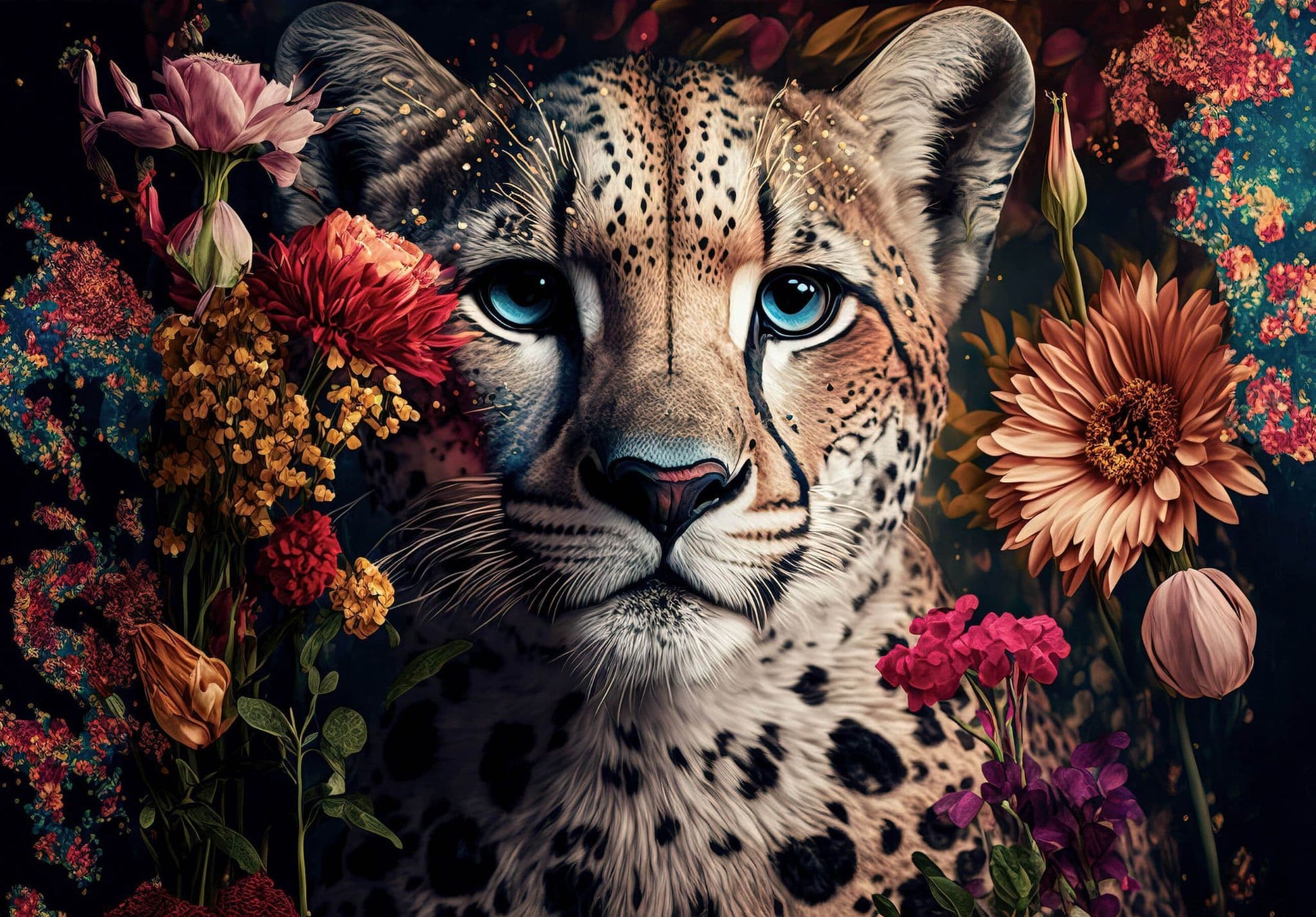 Wild Cat and Flowers Non-woven Photo Wallpaper
