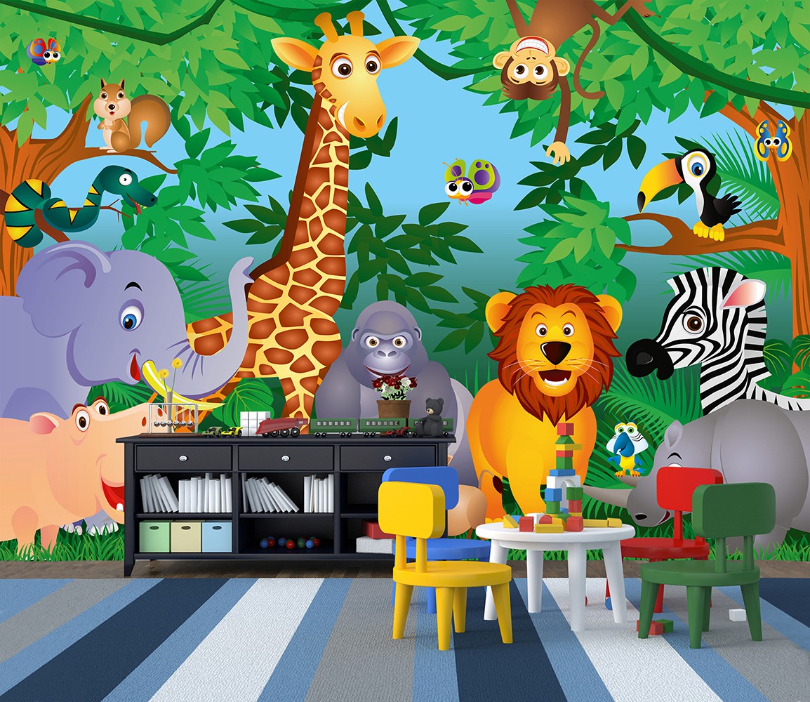 Animals in The Jungle Nursery Nursery Wallpaper Mural  (W x H) 384 cm x 260 cm (151" x 102")