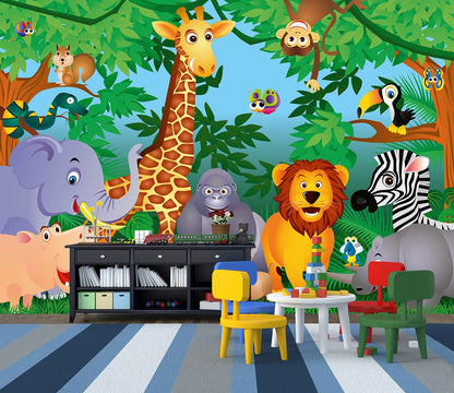 Animals in The Jungle Nursery Nursery Wallpaper Mural  (W x H) 384 cm x 260 cm (151" x 102")