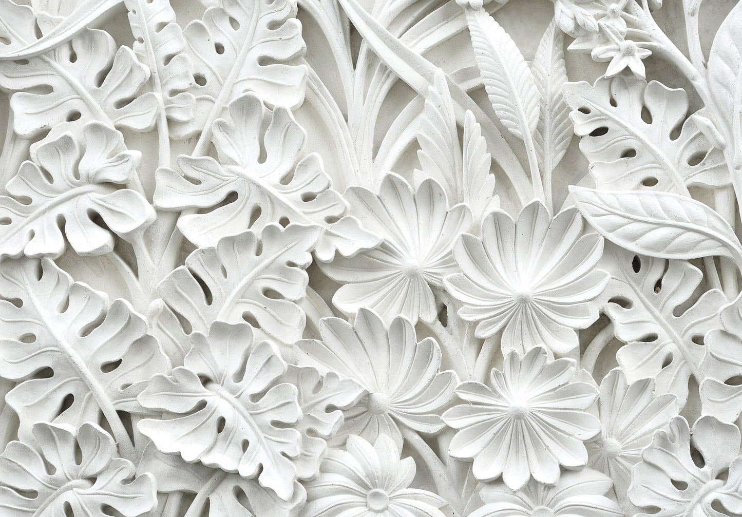 Alabaster Flowers White Stone Brick & Wood Non-woven Photo Wallpaper (W x H) 368 cm x 254 cm (144" x 100")