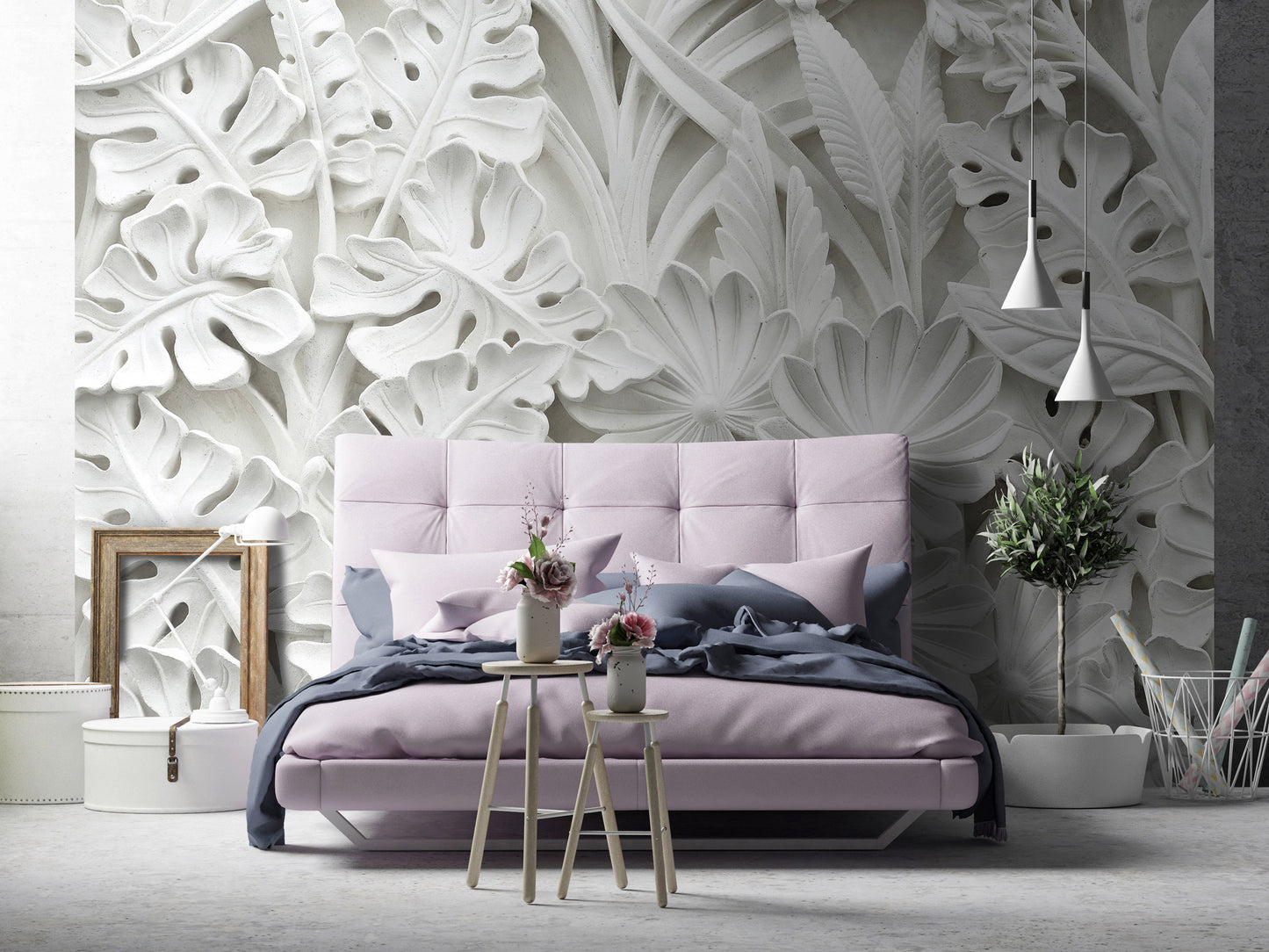 Alabaster Flowers White Stone Brick & Wood Non-woven Photo Wallpaper (W x H) 368 cm x 254 cm (144" x 100")