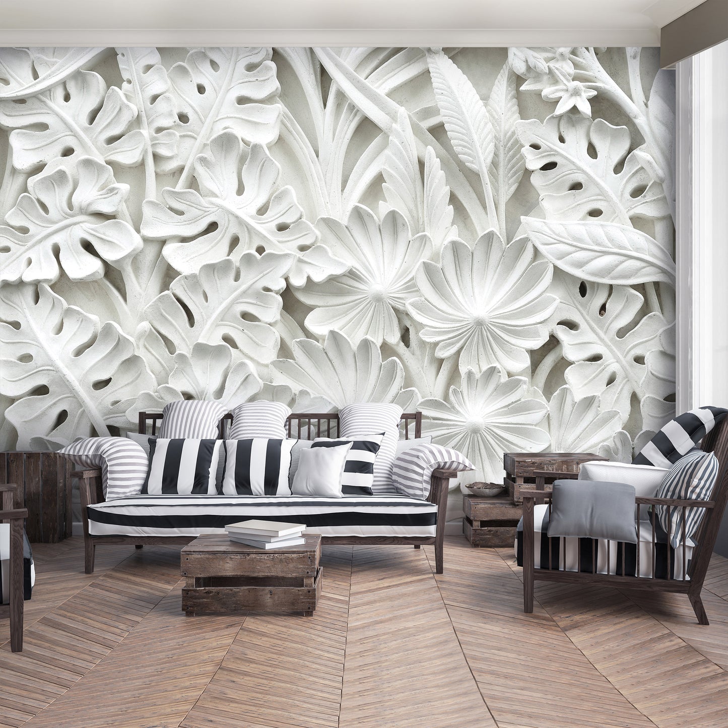 Alabaster Flowers White Stone Brick & Wood Non-woven Photo Wallpaper (W x H) 368 cm x 254 cm (144" x 100")