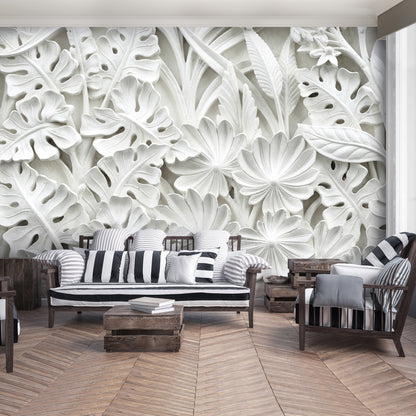 Ready made Alabaster Flowers White Non-woven Photo Wallpaper