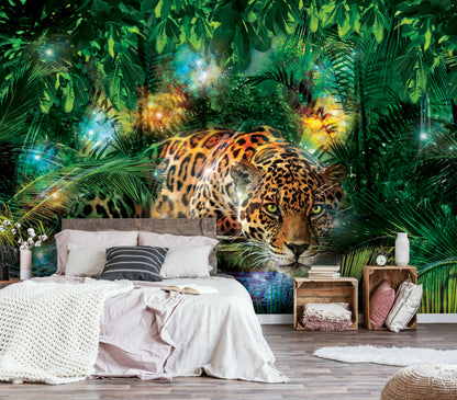 Wild Leopard in the Jungle Dining Room Animal Non-woven Photo Wallpaper (W x H) 368 cm x 254 cm (144" x 100")