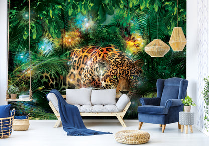 Wild Leopard in the Jungle Dining Room Animal Non-woven Photo Wallpaper (W x H) 368 cm x 254 cm (144" x 100")