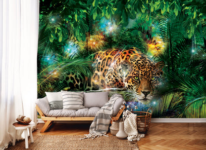Wild Leopard in the Jungle Dining Room Animal Non-woven Photo Wallpaper (W x H) 368 cm x 254 cm (144" x 100")