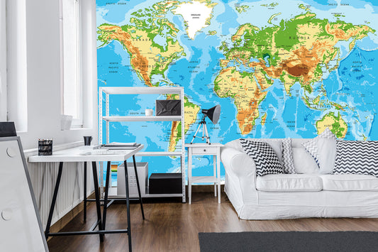 Geographical Map of the World Blue School Decor Non-woven Photo Wallpaper (W x H) 312 cm x 219 cm (123" x 86")