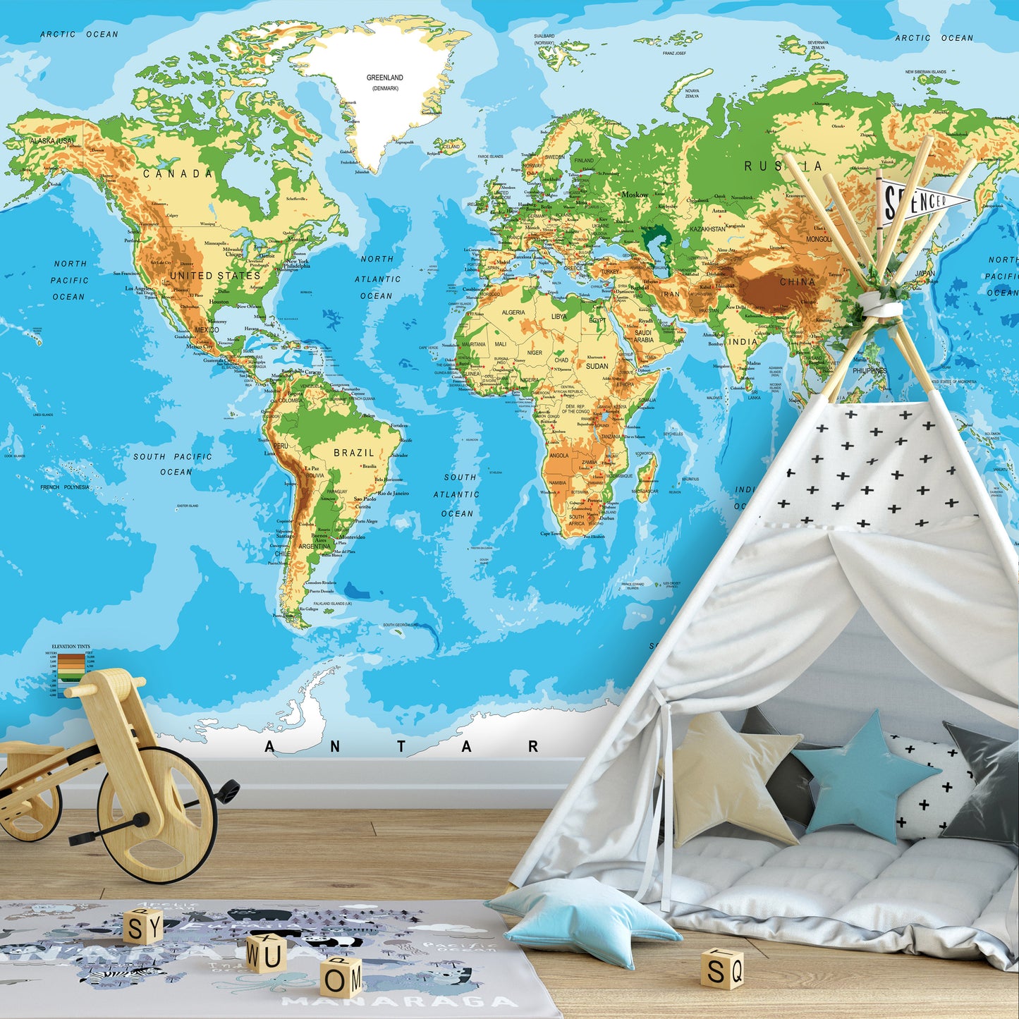 Geographical Map of the World Blue School Decor Non-woven Photo Wallpaper (W x H) 312 cm x 219 cm (123" x 86")