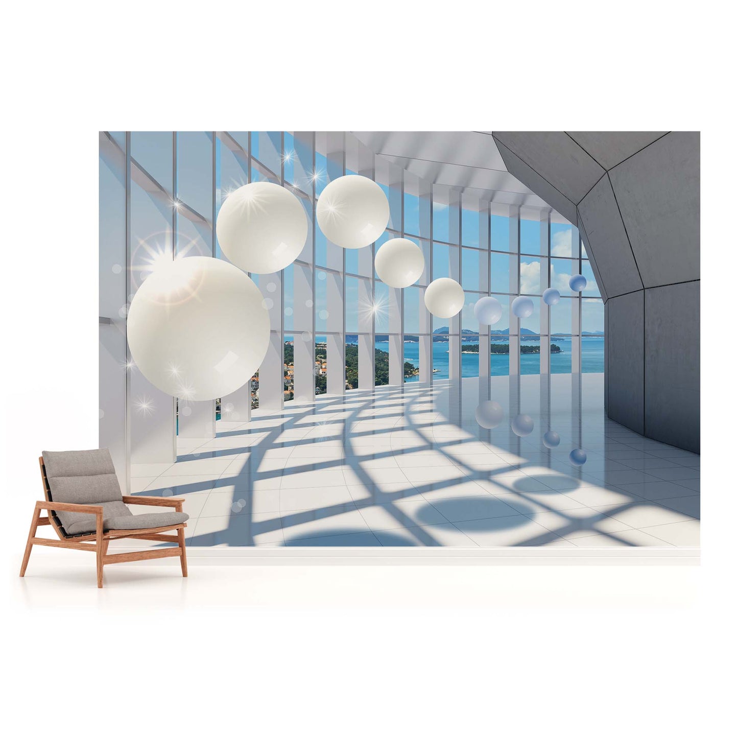 Levitating Spheres 3D Balcony View 3D & Abstract Non-woven Photo Wallpaper (W x H) 312 cm x 219 cm (123" x 86")